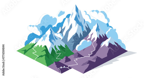 Stunning geometric mountain landscape with snowcapped peaks and clouds