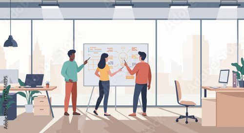 Team Presenting Ideas on Whiteboard in Office Setting.