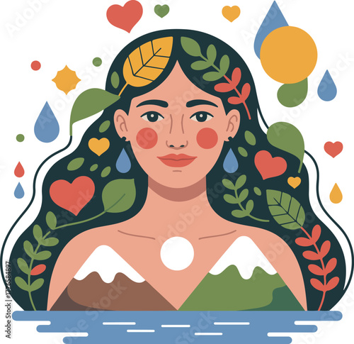 Woman with nature elements in hair and mountains below