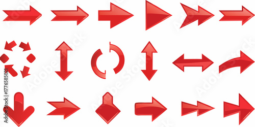 Collection of various red glossy arrows pointing in different directions and indicating movement and direction