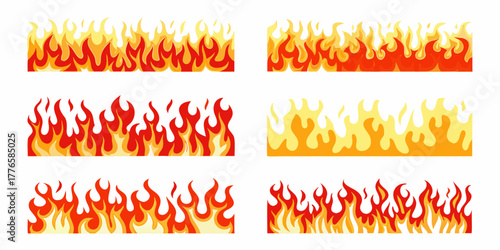 Collection of stylized flame borders in red orange and yellow on a white background