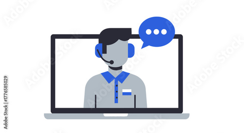 Customer Service Representative on Laptop with Speech Bubble.