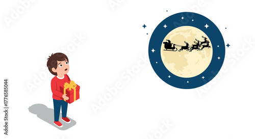 Child holding gift watching santa sleigh silhouette against moonlit night sky
