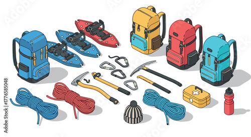 Isometric camping gear backpacks, climbing tools, kayaks, and essentials