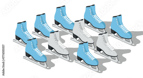 Isometric arrangement of blue and white ice skates on white background