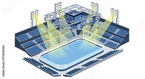 Modern isometric indoor sports arena with bright lighting and seating arrangement