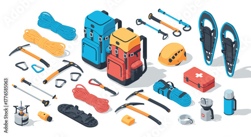 Isometric winter hiking and climbing gear for outdoor adventures