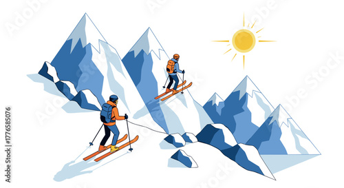 Adventure on snowcapped peaks two skiers exploring majestic mountain landscape