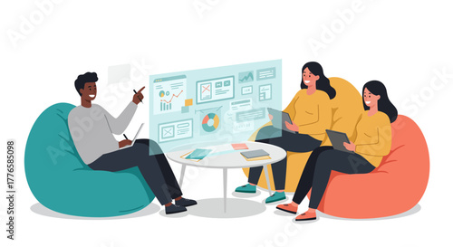 Team Meeting with Futuristic Data Display and Tablets.