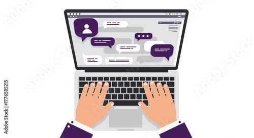 Person Typing on Laptop with Chat Bubbles.