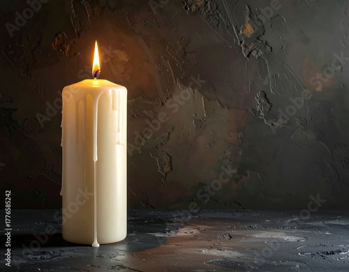 A tall, lit candle with wax dripping against a textured dark background