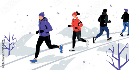 Winter outdoor jogging in vibrant colorful outfits on snowy paths