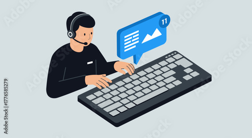 Customer Service Representative Working on Computer Keyboard.