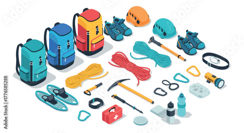 Essential isometric mountaineering gear collection for outdoor adventures
