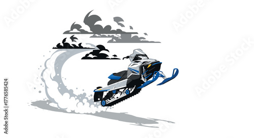 Dynamic snowmobile adventure with clouds and drift effects in flat style