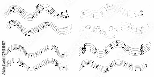 Abstract wavy musical staff lines with black and gray notes and clefs on a white background
