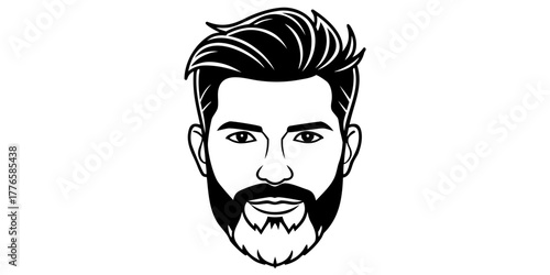 Illustration of a man with a beard and stylish hair in black and white outline style design format