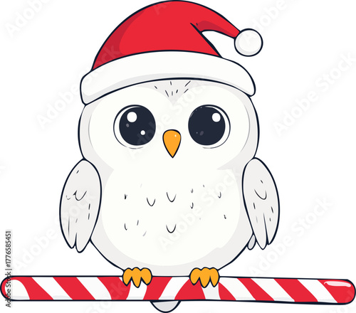 Cute cartoon owl wearing a Santa hat, perched on a candy cane, festive holiday illustration.