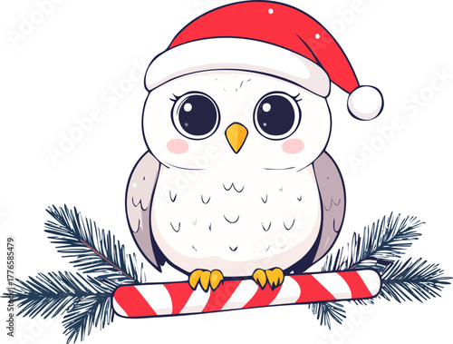 Cute owl with big eyes wearing a Santa hat sitting on a candy cane.
