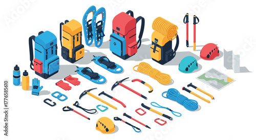 Outdoor adventure gear collection with backpacks, helmets, and hiking equipment in isometric design