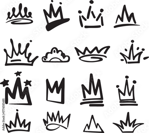 Crown logo graffiti icon. Black elements isolated on white background. Vector illustration. Queen royal princess. Black brush line. hipster style. Doodle hand drawn
