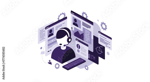 Isometric Customer Service Representative with Headset and Screens.