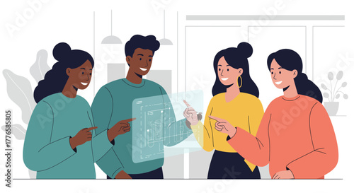 Diverse Team Examining Futuristic Transparent Digital Interface.
