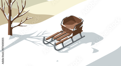 Winter sled scene with tree in minimalist isometric style