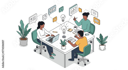 Team Brainstorming Ideas Around Table with Lightbulb.