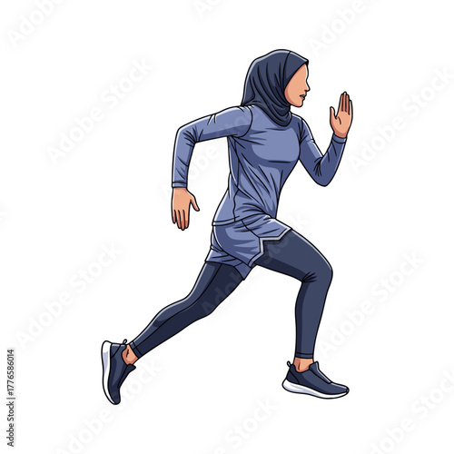 A woman wearing a hijab is jogging.