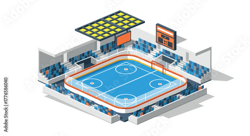 Isometric ice hockey rink with stadium seating and scoreboard