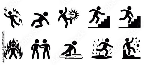 Silhouette stickman warning icon collection showing accident, danger, and injury situations, minimalist safety and hazard awareness vector illustration for caution, prevention, and instruction design 