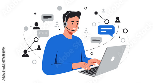 Customer Service Representative Working on Laptop with Headset.
