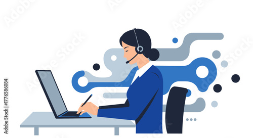 Female Customer Service Representative Working on Laptop.