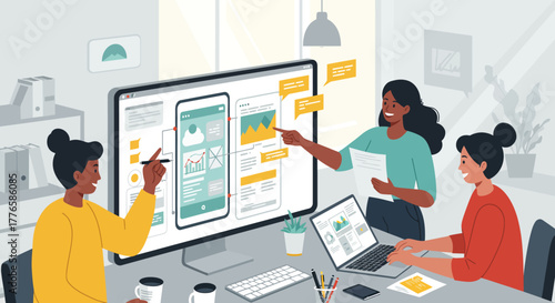 Team Analyzing App Design on Computer Screen.