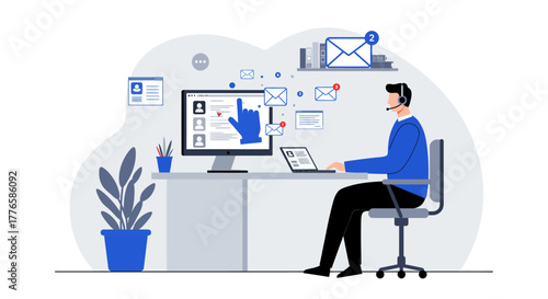 Customer Service Representative Working with Computer and Headset.