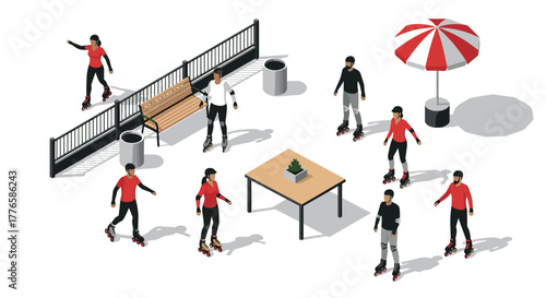 Roller skating fun in the park diverse group enjoying outdoor activity in isometric style