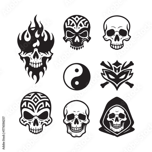 Set of Skull Tattoo Designs in Tribal, Realistic, and Symbolic Vector Styles.