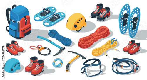 Essential isometric winter hiking gear and climbing equipment collection