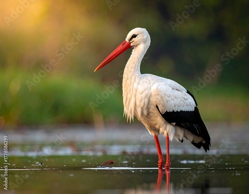 A tall, white bird with black wings stands in shallow water, sunlit
