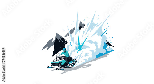 Dynamic snowmobile adventure in minimalist mountain landscape with action trail