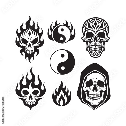 Set of Skull Tattoo Designs in Tribal, Realistic, and Symbolic Vector Styles.