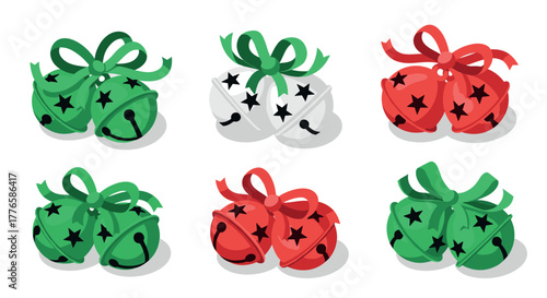 Festive holiday bells with ribbons in vibrant colors and patterns