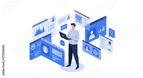 Man Working on Laptop Surrounded by Data Screens.