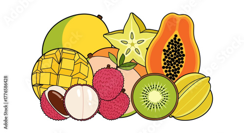 Colorful assortment of fresh tropical fruits arranged together for display.