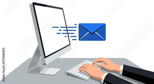 Computer Screen with Email Sending Illustration.