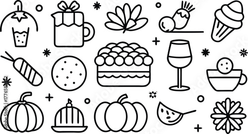 Festive food minimalist line icons set vector illustration eps scalable graphics