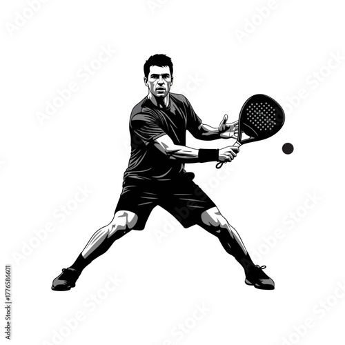 Vector silhouette image of a man playing padel tennis on a white background.