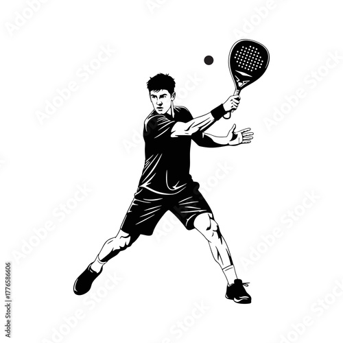 Vector silhouette image of a man playing padel tennis on a white background.