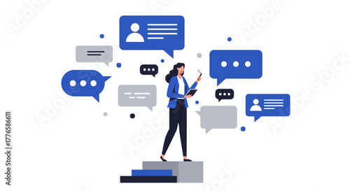 Businesswoman Presenting Ideas with Speech Bubbles Illustration.